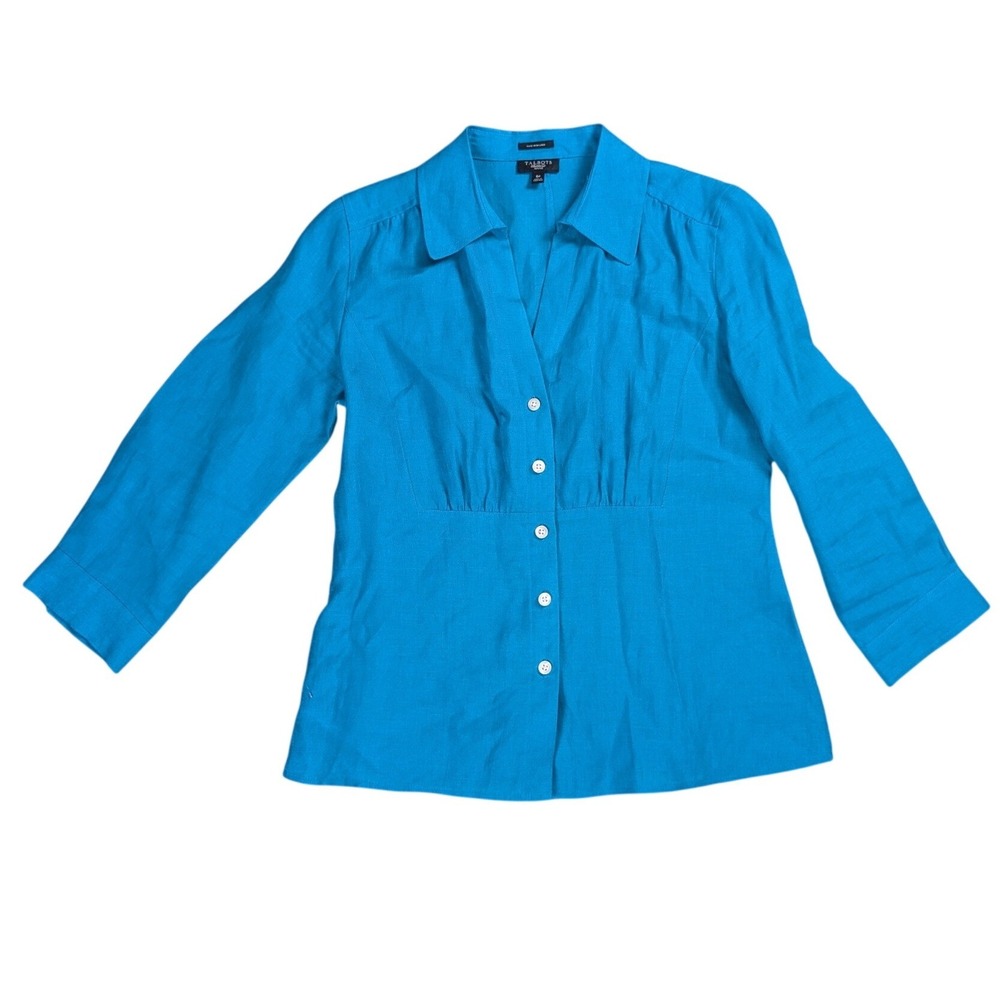 Talbots Pure Irish Linen Blouse Turquoise Blue Button Front Petite 6P Top